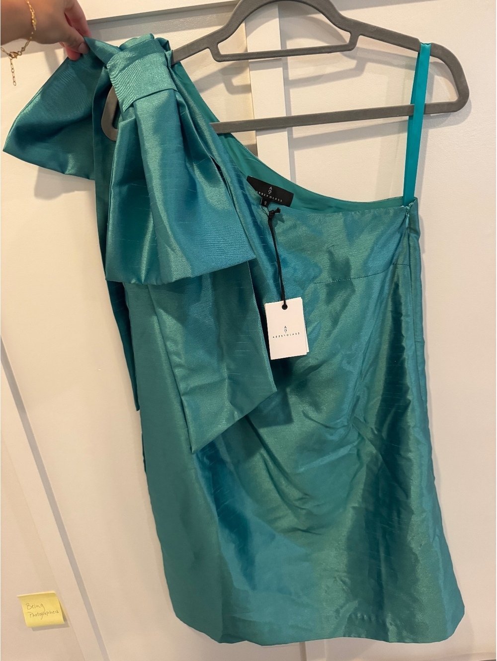 Abby Glass Cassie Dress teal one-shoulder midi dress